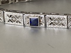 Antique Art Deco 14k White Gold Filigree Bracelet Diamond Sapphire 7 3/8” 6.5grs
