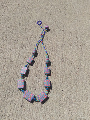 Vintage Polymer Clay Necklace 18in Blue Pink Purple Rectangle Beaded