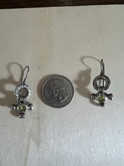 Vintage 925 Sterling Silver Green Stone Drop Dangle Earrings Greek Key Design