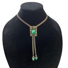 Vtg Selro Selini Necklace Jeweled Slide & Figural Faces Herringbone Chain 25”