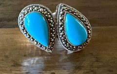 Marcasite Sterlling Silver Chunky Ring, Double Teardrop Turquoise Stone Ring