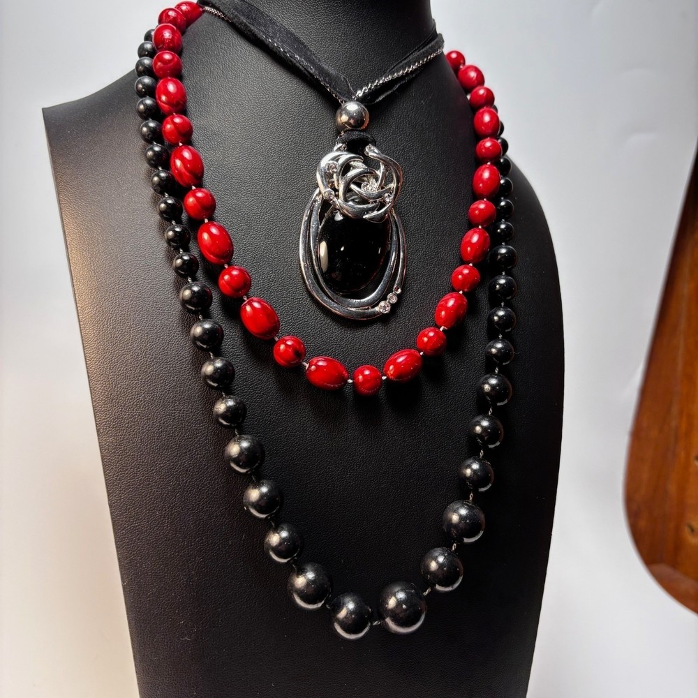 Necklace Lot Goth Witchy Black Red Vintage Acrylic Beads Metal Glass Pendant