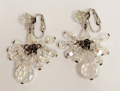 Vintage Clear Glass Crystal AB Bead Chandelier Earrings & Crystal Cluster Brooch