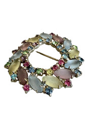 Vintage Silver Tone Unsigned Juliana DeLizza Pastel Glass & Rhinestone Brooch