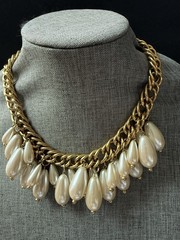 Vtg Goldtone Choker Necklace Cuban Link Chain Faux Pearls Classic Maximalist
