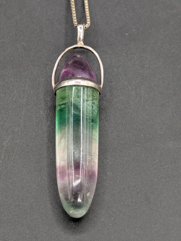 Vintage Italian 925 Sterling Silver Rainbow Fluorite Pendant Necklace 24″ AGI