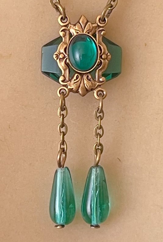Vintage Necklace Delicate Art Nouveau Brass Pendant Antique Green Czech Glass