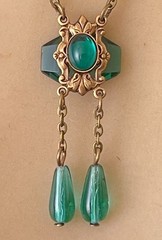 Vintage Necklace Delicate Art Nouveau Brass Pendant Antique Green Czech Glass