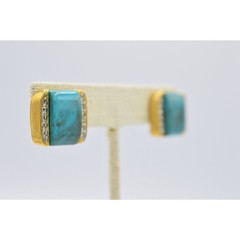Vintage Earrings Clip On Faux Turquoise Crystal Rhinestone Gold NOS 1980s Bin8