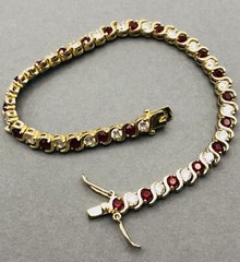 Vtg. 925 Gold Vermeil Ruby Colored Rhinestones & Cubic Zirconia Tennis Bracelet