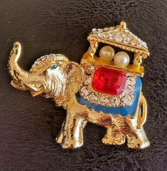 Elephant Brooch Gold Tone, Rhinestones, 2 Fauz Pearls, Green Eye, Blue Enamel