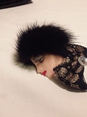 Vintage Brooch Ladies Face With Fur Hat Bow At Neck