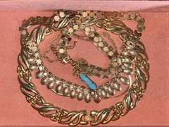 Vintage Gold Tone Jewelry Lot Filled Wood Jewelry Box Necklaces Brooches Gift