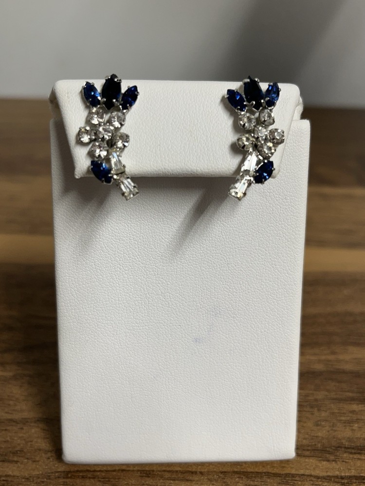 Vintage B. David Blue & White Rhinestone Flower Clip On Earrings