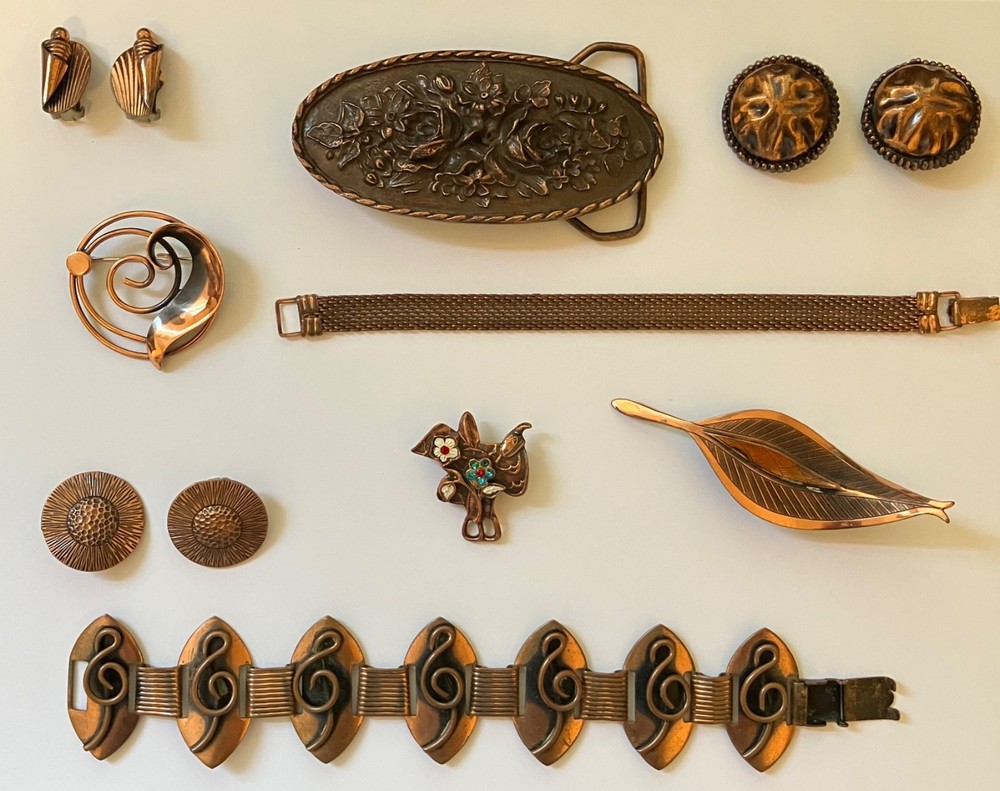 Vtg Solid Copper Jewelry Lot Bell Trading Post Treble Clef Mesh Bracelet 251g