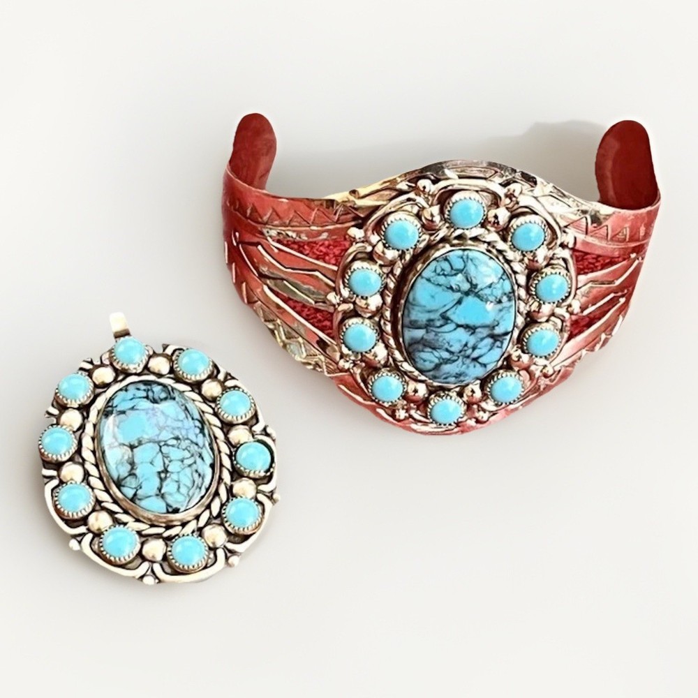 Vintage Bell Trading Post Nickel Silver Cuff & Pendant Set Faux Turquoise