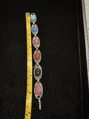 Vintage Glass Scarab Sterling Silver Egyptian Revival Style 6.5” Bracelet