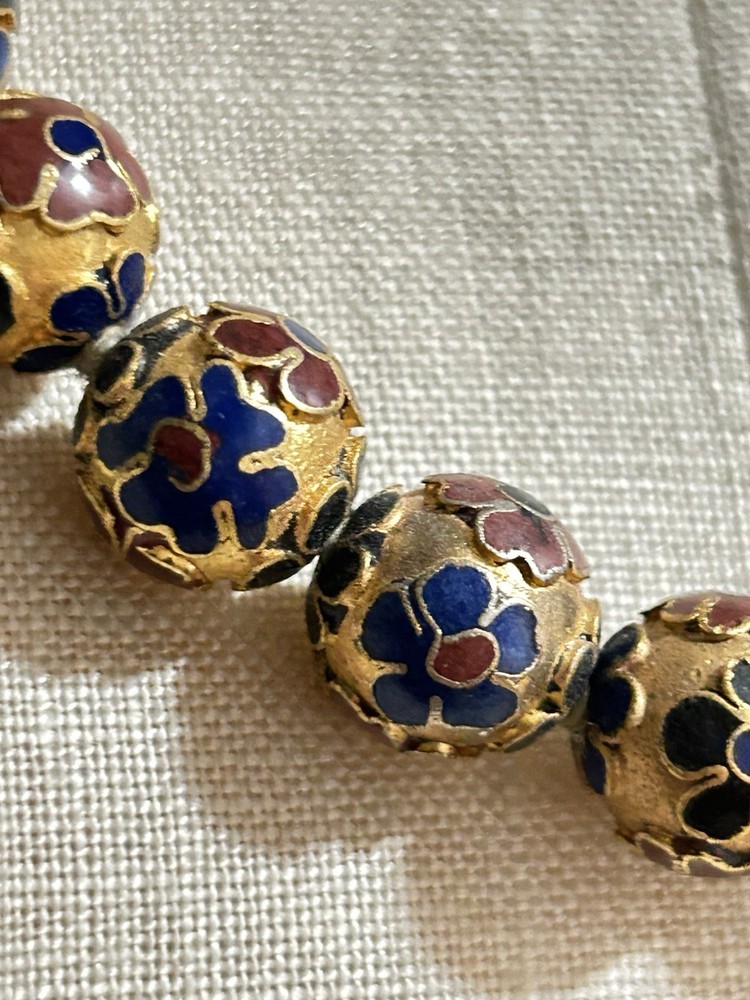 Vintage Chinese Cloisonné gold toned Bead Necklace Enamel Flower 28in