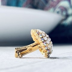 Vintage Milk Glass & Rhinestone Gold Tone Mushroom Brooch