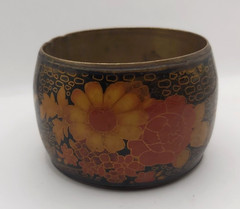 Vintage Wide Brass Floral Bangle Black Lacquer Enamel Statement Cuff Asian Style