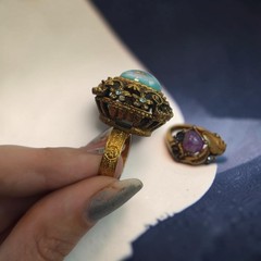 Vintage Gold Tone Cocktail Ring Set Teal, Faux Opal Sarah Coventry & Fire Flower