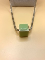 Vintage Modernist MCM Gold Tone Mesh Chain Lime Green Enamel Cube Necklace 32”