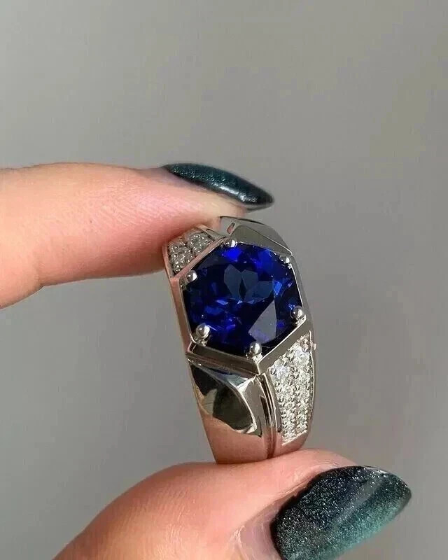 3.1Ct Art Deco Style Lab-Created Diamond Sapphire Wedding 14K White Gold FN Ring