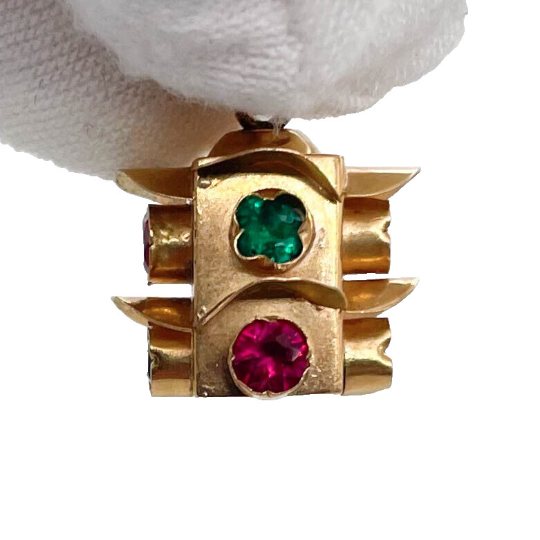 Vintage 18K Yellow Gold 3D Traffic Light Emerald Ruby Gemstone Charm