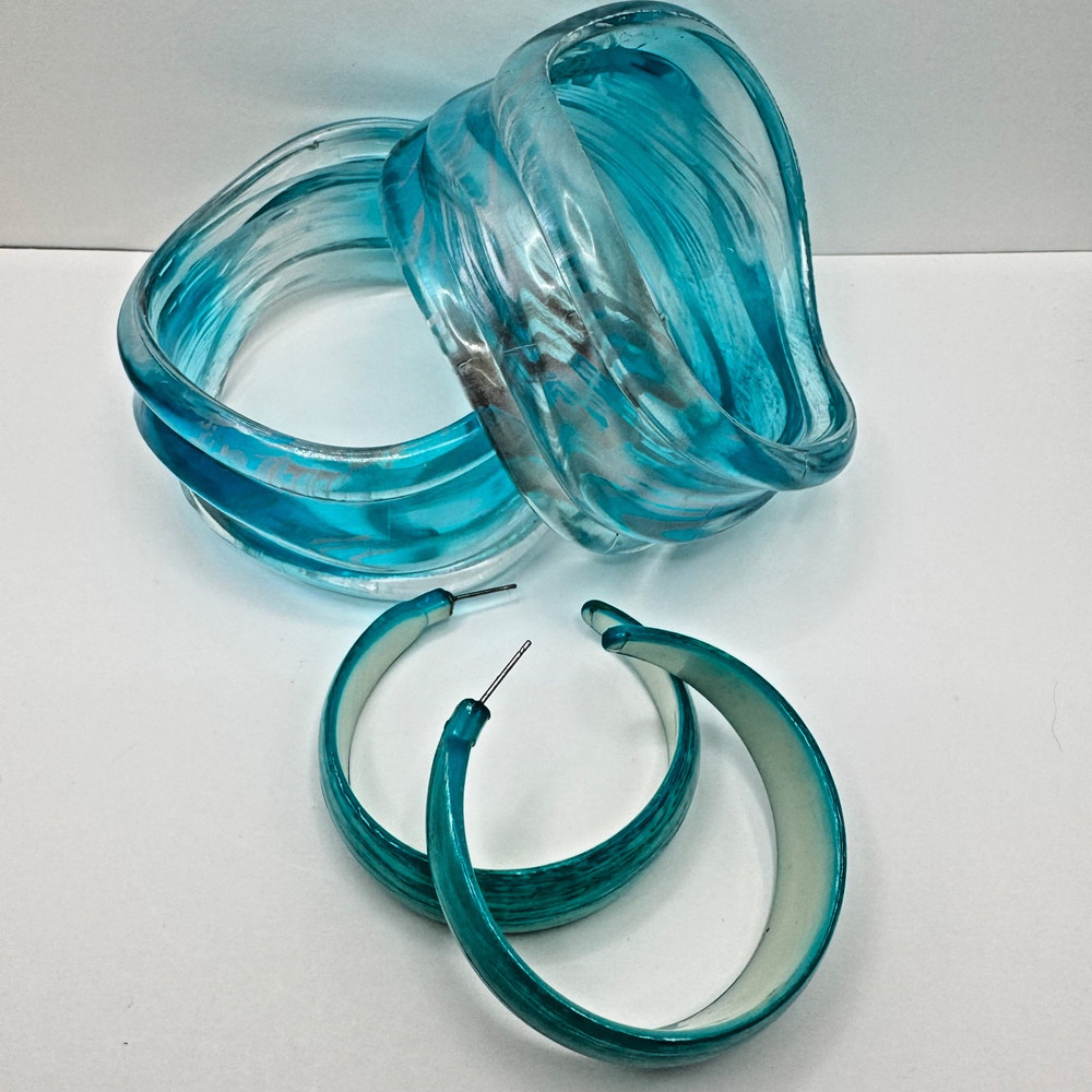 Chunky Lucite Bangles & Earring Set Silver Teal Marble Blue Hoops Bold Retro