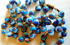 Vintage Murano Millefiori Glass Bead Necklace 28″ Long Venetian Blue Flower