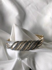 Glamorous Signed BR KRN Faux Marcasite & Goldtone Clamper Bracelet 7″