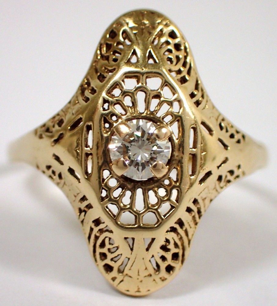 ESTATE Antique Art Deco SOLID 10k Yellow Gold Filigree Diamond Ring Sz 10