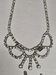 Vintage Silver Tone Clear Rhinestone Necklace Screw Back Chandelier Earring Set