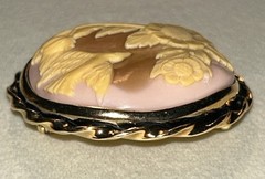 Vintage Italian Style Cameo Brooch Bird Flower Molded Art Resin 1.75” Pink 30g