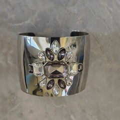 Silver Tone Rhinestone Wide Open Slide Cuff Bracelet Maximalist Modern Vintage