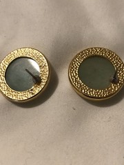 Vintage Gold Tone Faux Jade Cabochon Rhinestone Button Stud Earrings Light Green