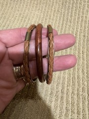 3 Vintage Bangles Wood, Leather, And Gold Tone