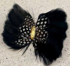 Vintage Real Guinea Bird Feather Pin Brooch Rhinestone Black White Statement