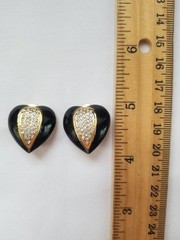 Vintage Black Enamel Heart Clip On Earrings with Pave Crystals Center Goldtone