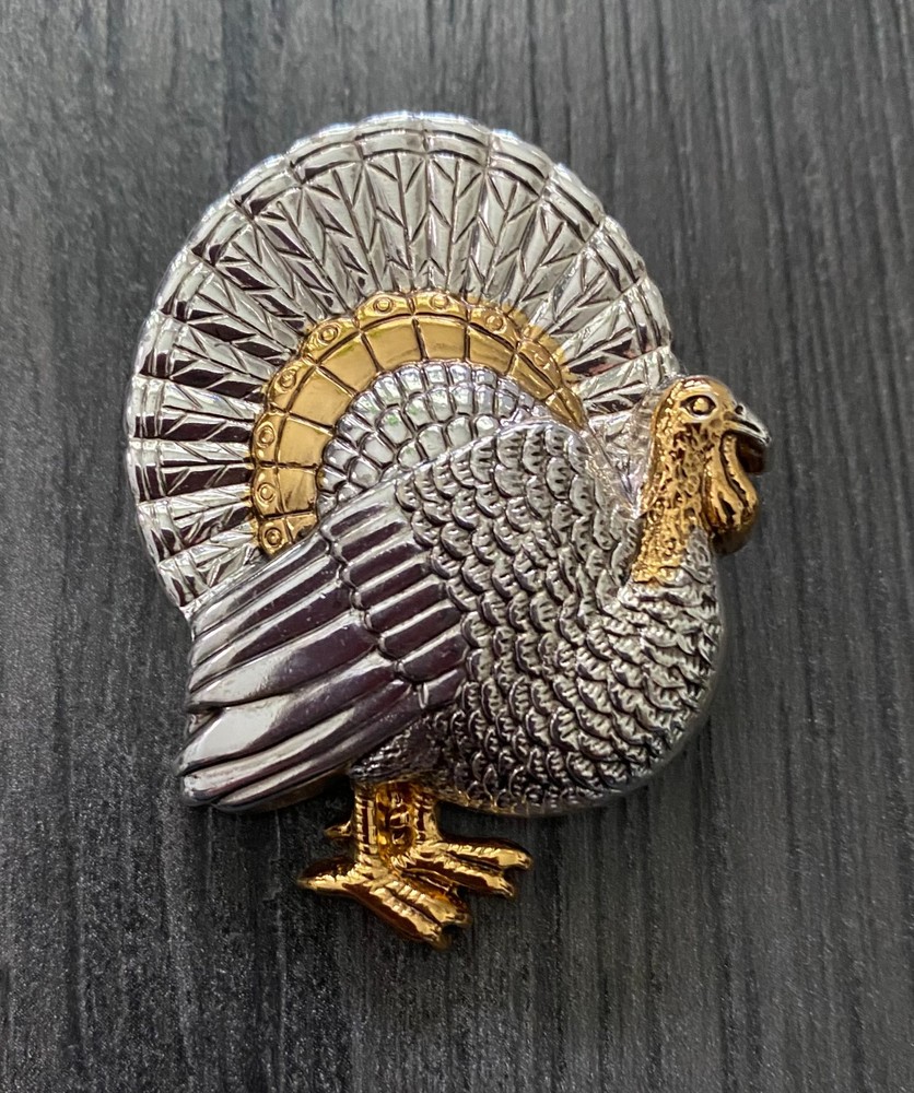 Thanksgiving Turkey Brooch Pin Pendant Signed Best Silver Gold Tone Metal
