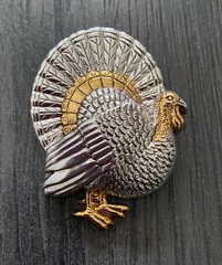 Thanksgiving Turkey Brooch Pin Pendant Signed Best Silver Gold Tone Metal