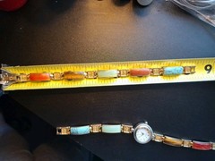 Vtg Multi Stone Inlay Panel Watch (works) Bracelet Set Chinese Symbol Good Luck