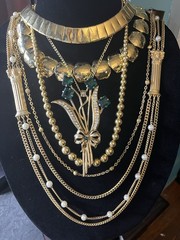1980’s Chic Runway Statement Gold Tone 6pc Necklace Lot Green rhinestone Chunky