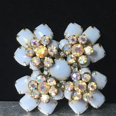 Vtg Maltese Cross Blue Milk Glass Brooch Pin AB Crystal Floral Accents 2.4″