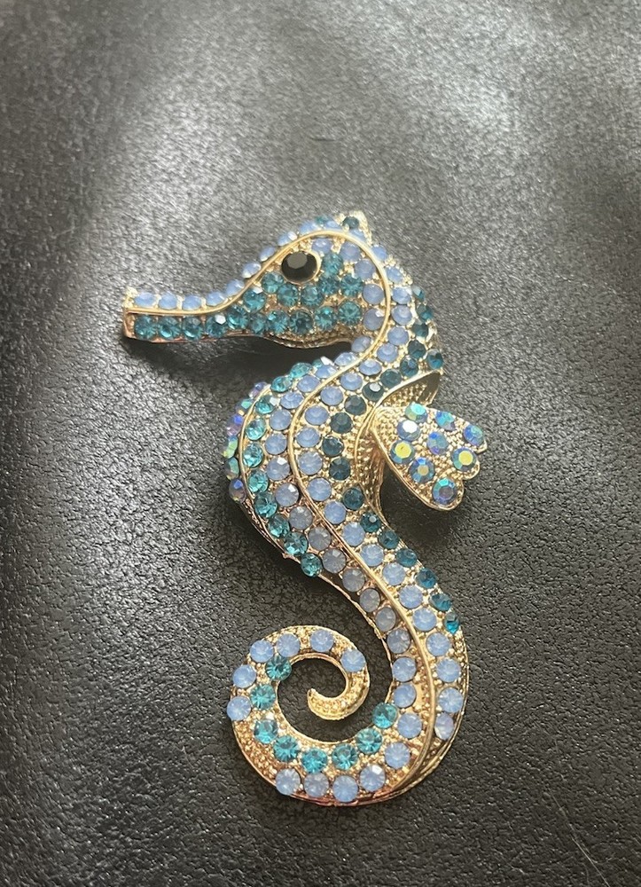 Florida Blue Rhinestone Seahorse Brooch Pin Gold Tone Ocean Life Mermaid Costume