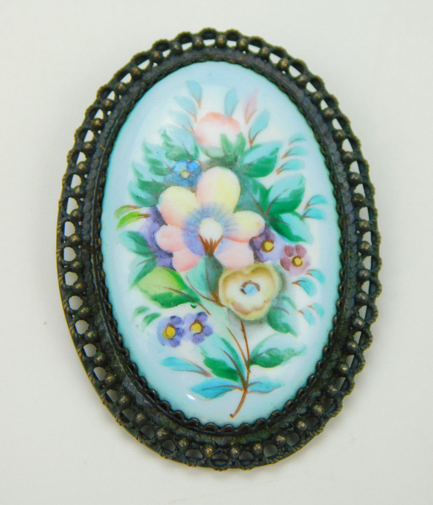VTG Russian Rostov Finift Enamel Hand Painted Floral Flowers Oval Brooch 2.25″