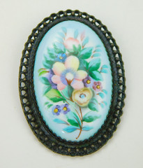 VTG Russian Rostov Finift Enamel Hand Painted Floral Flowers Oval Brooch 2.25″