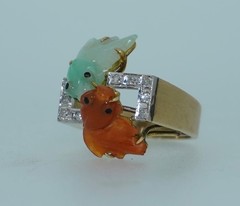 14K Jade Koi Fish and Diamond Ring