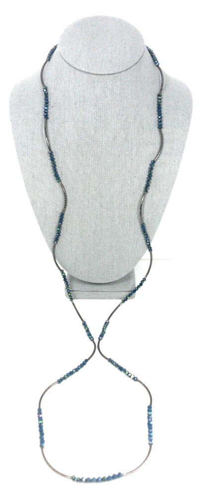 Art Deco Flapper Necklace Peacock Blue Iridescent Teal Glass Gunmetal Tube Beads