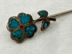 Vintage Turquoise Inlay Flower Stick Pin Silver Tone